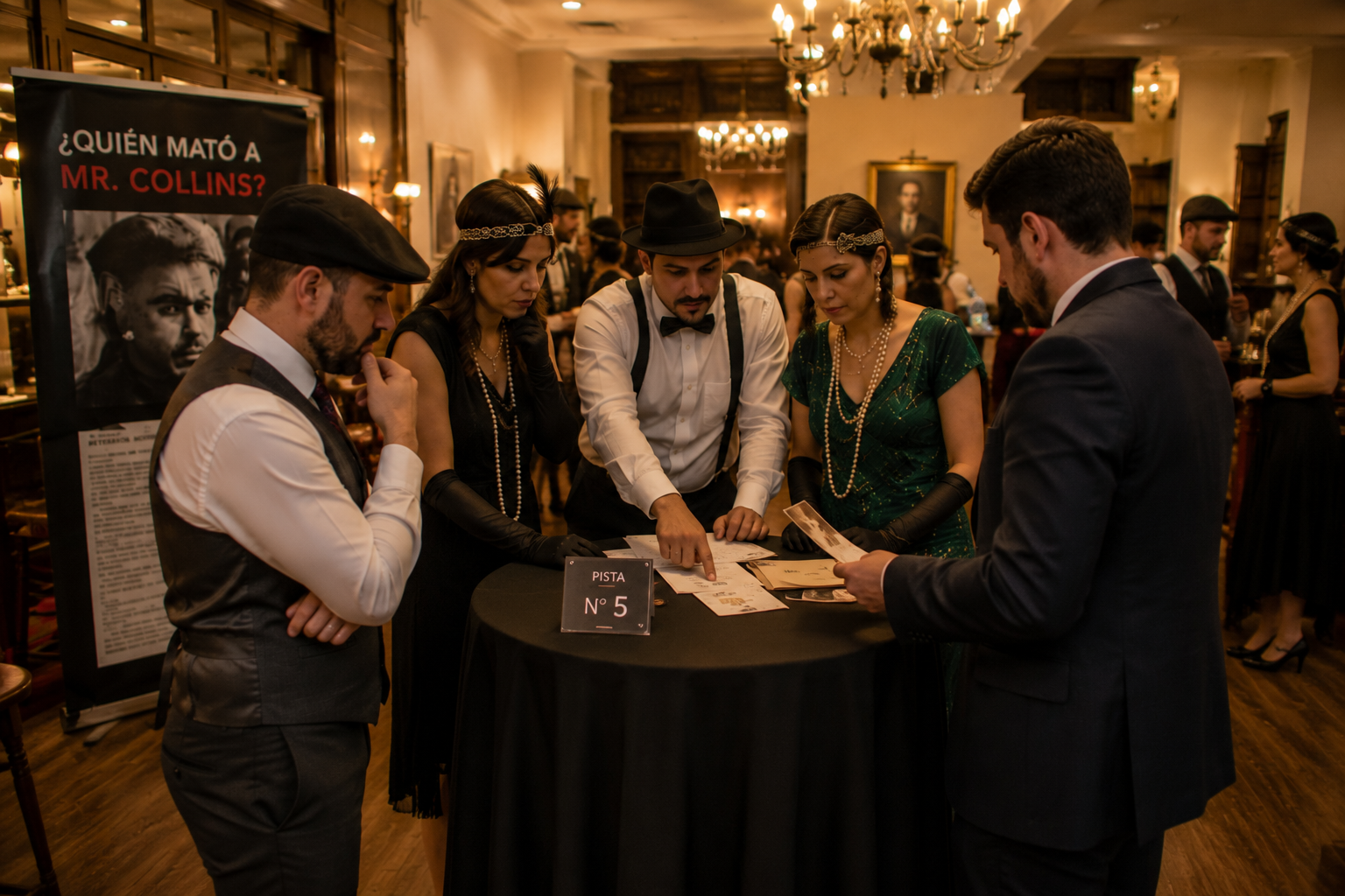 Equip analitzant pistes al voltant d’una taula alta durant el Cluedo en viu