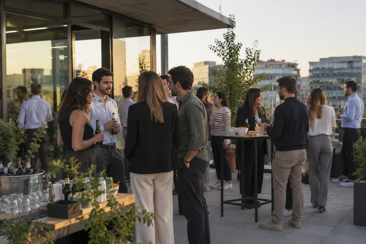 Equip compartint un afterwork a la terrassa de l’oficina.