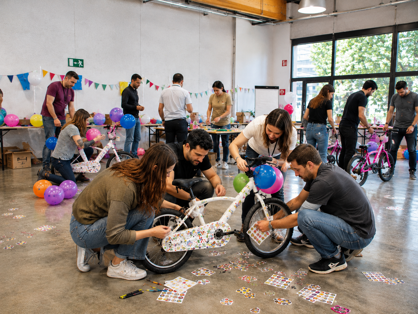 Equip construint una bicicleta solidària en una activitat de grup