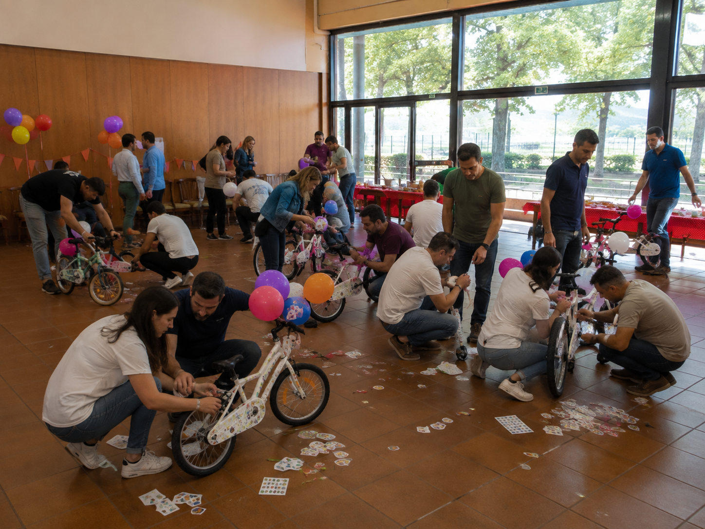 Diversos equips construint i personalitzant bicicletes solidàries