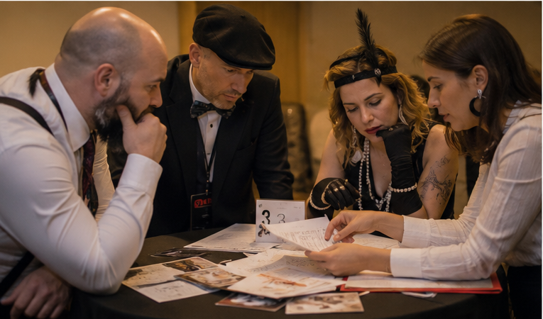 Quatre participants investigant pistes sobre una taula durant el Cluedo en viu