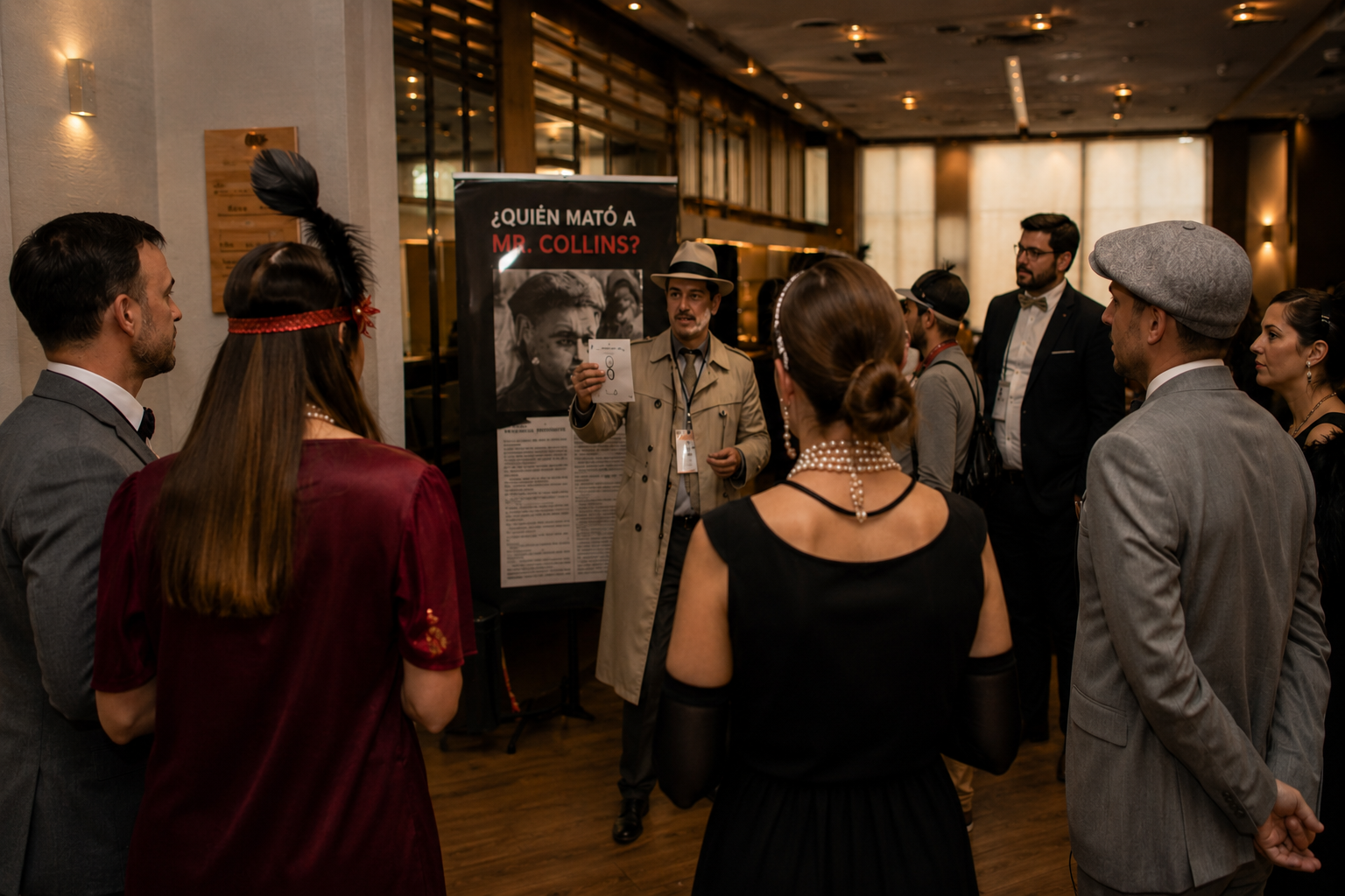 Actor presentant el cas davant dels participants de Cluedo en viu