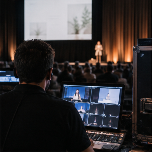 Equip tècnic controlant la producció audiovisual d’una convenció.