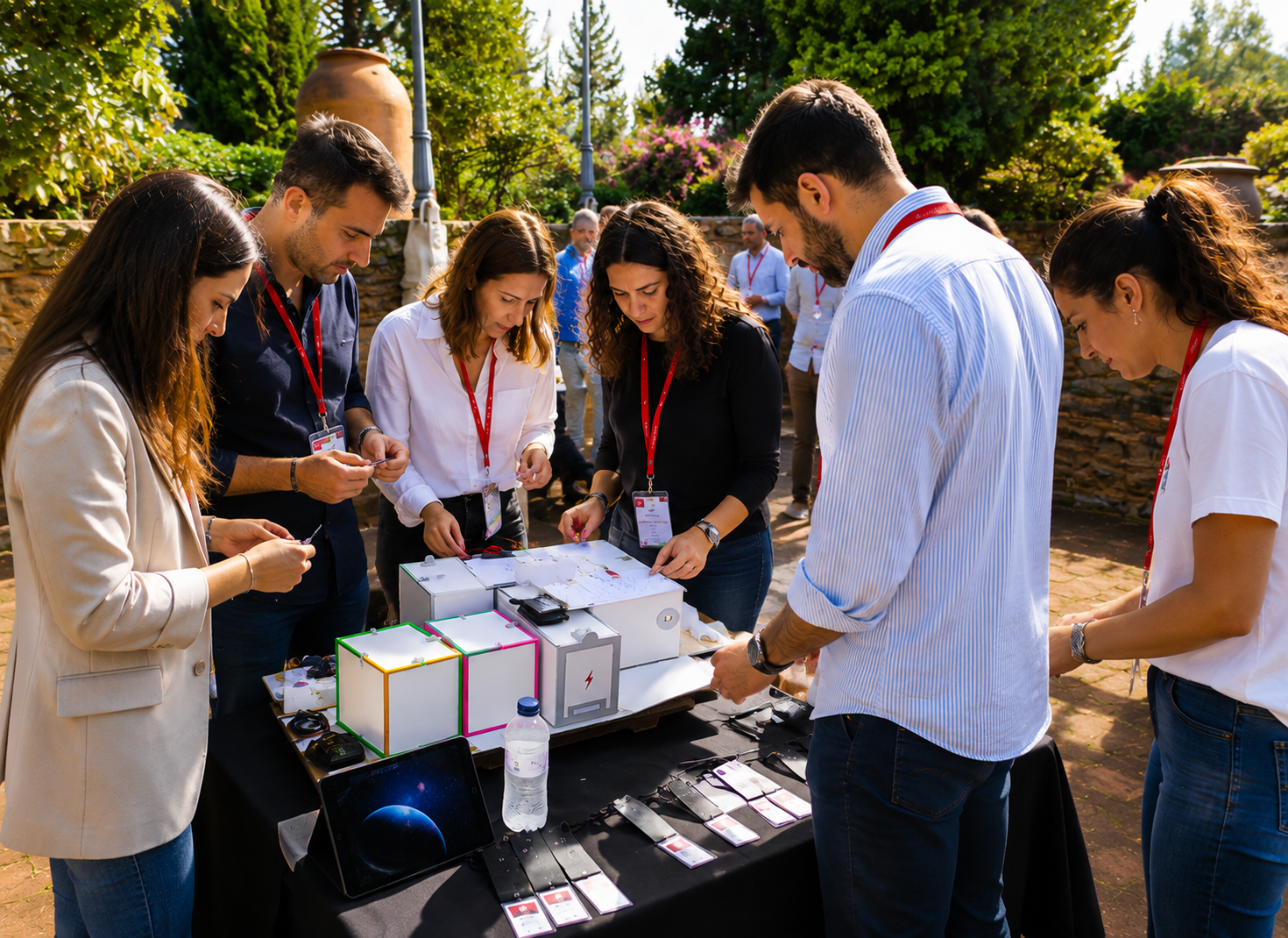 Equip treballant al voltant d’una Escape Box amb la tauleta i els materials