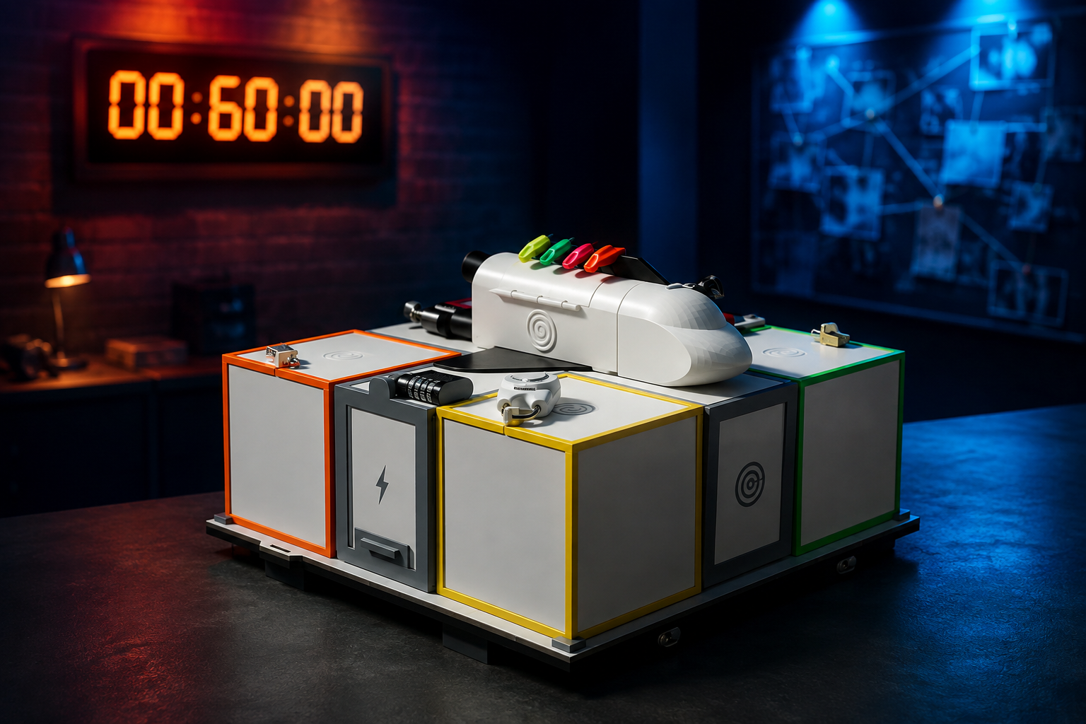 Caixa de The Escape Box en un ambient tecnològic amb un cronòmetre al fons