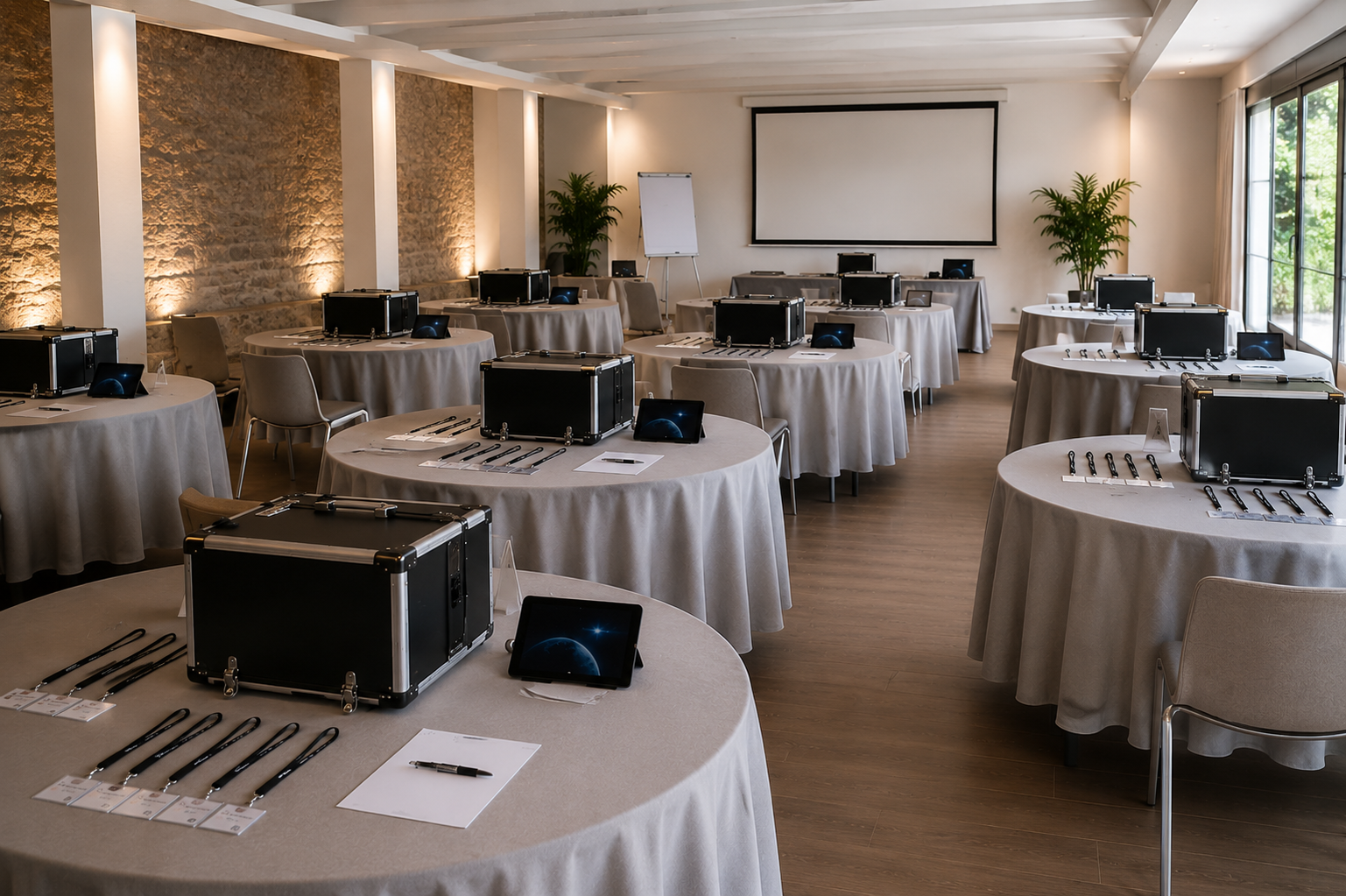 Sala preparada amb una caixa i una tauleta per a cada equip