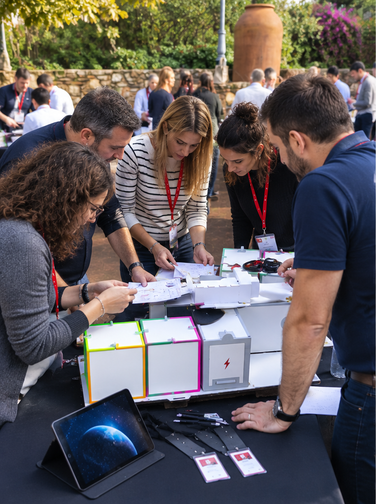 Equip concentrat resolent enigmes al voltant de la caixa i la tauleta
