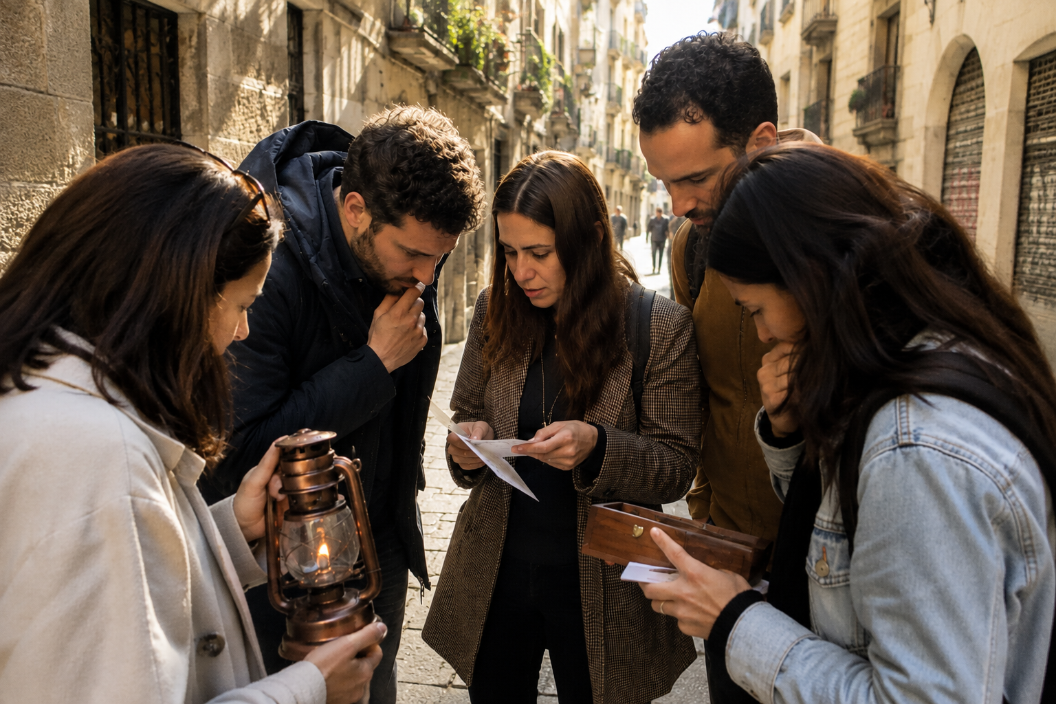 Grup resolent una pista al carrer amb un fanal i una capsa de fusta