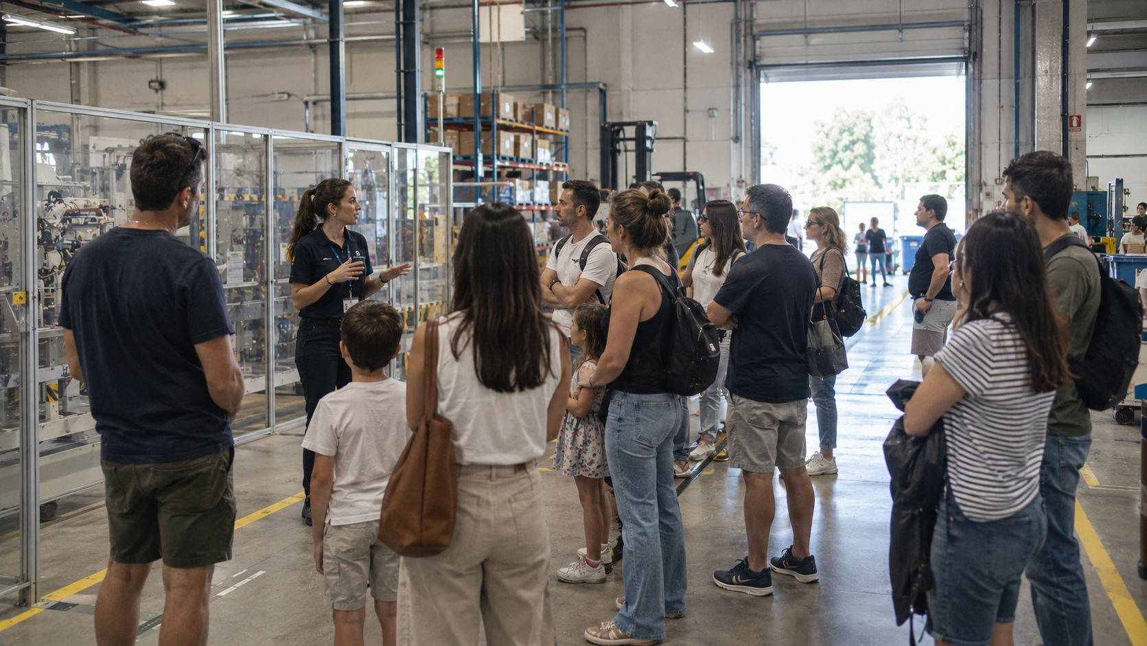 Famílies participant en una visita guiada a les instal·lacions d’una empresa.