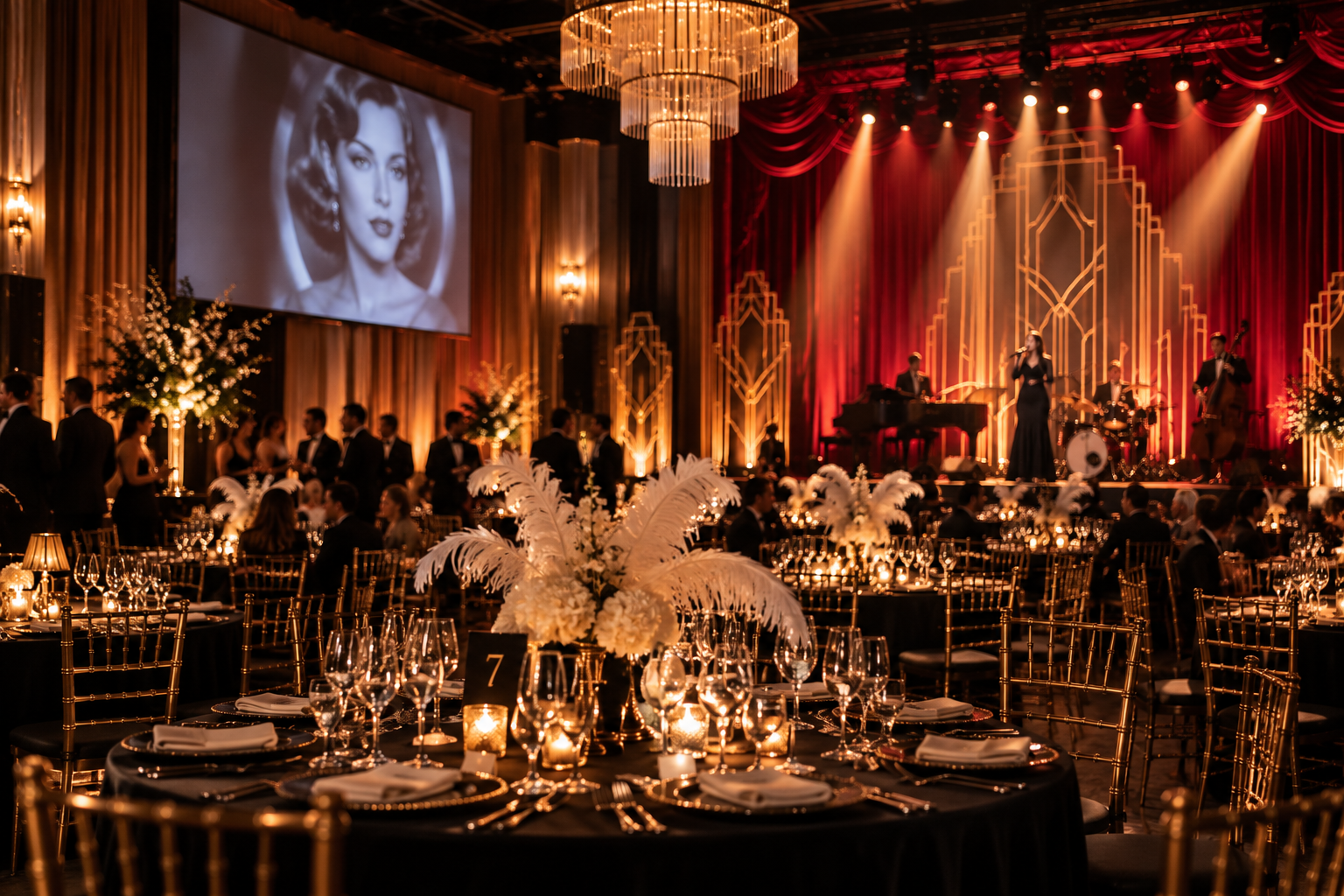 Themed gala with a 1920s-inspired setting, stage and cinematic atmosphere