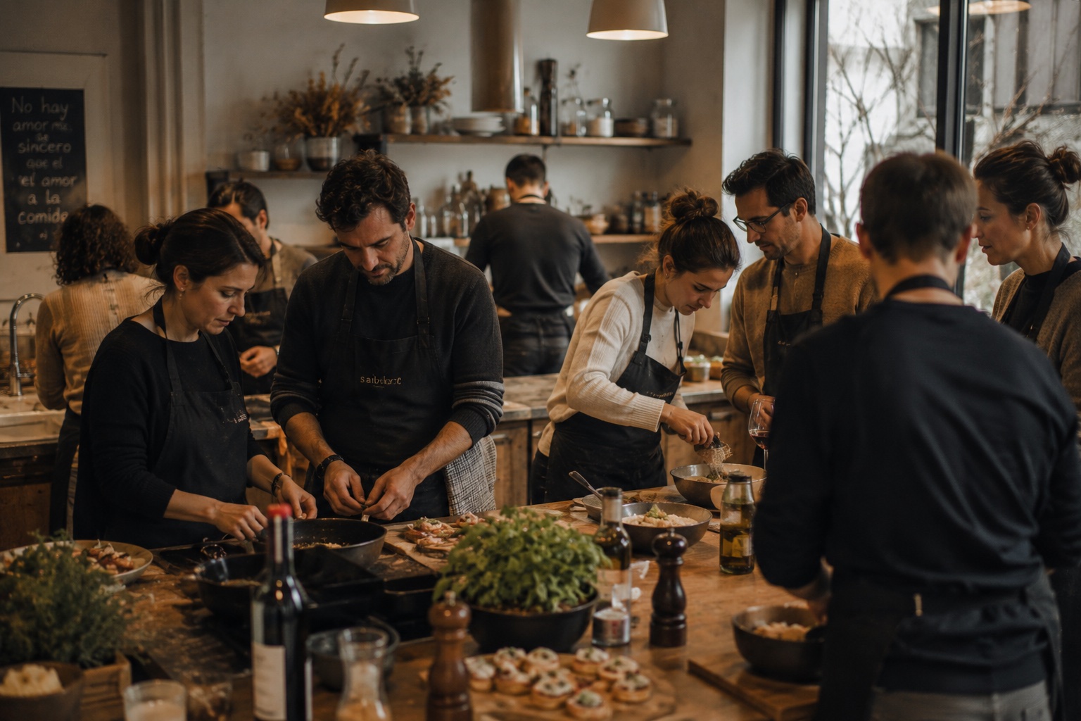 Un equip cuinant junt en un espai contemporani