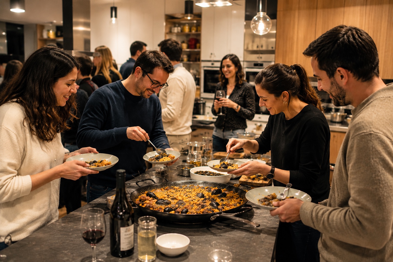 Equip cuinant una paella conjuntament a l’aire lliure