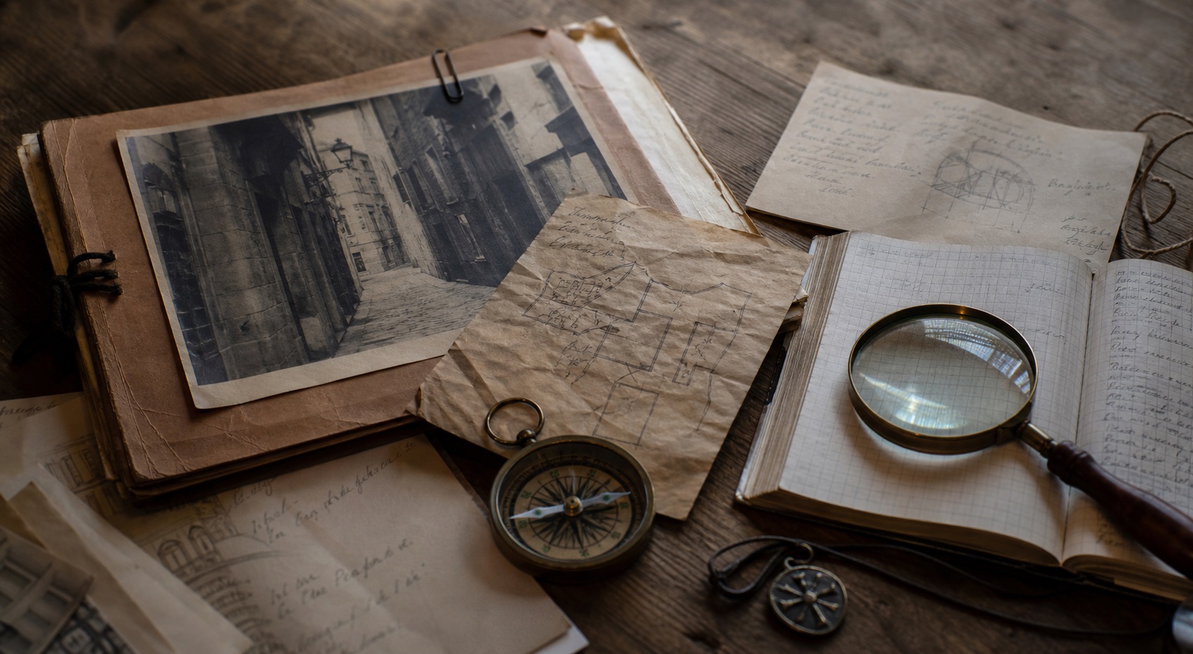 Materials d’investigació sobre una taula: expedient, documents, fotografia, brúixola, lupa i amulet