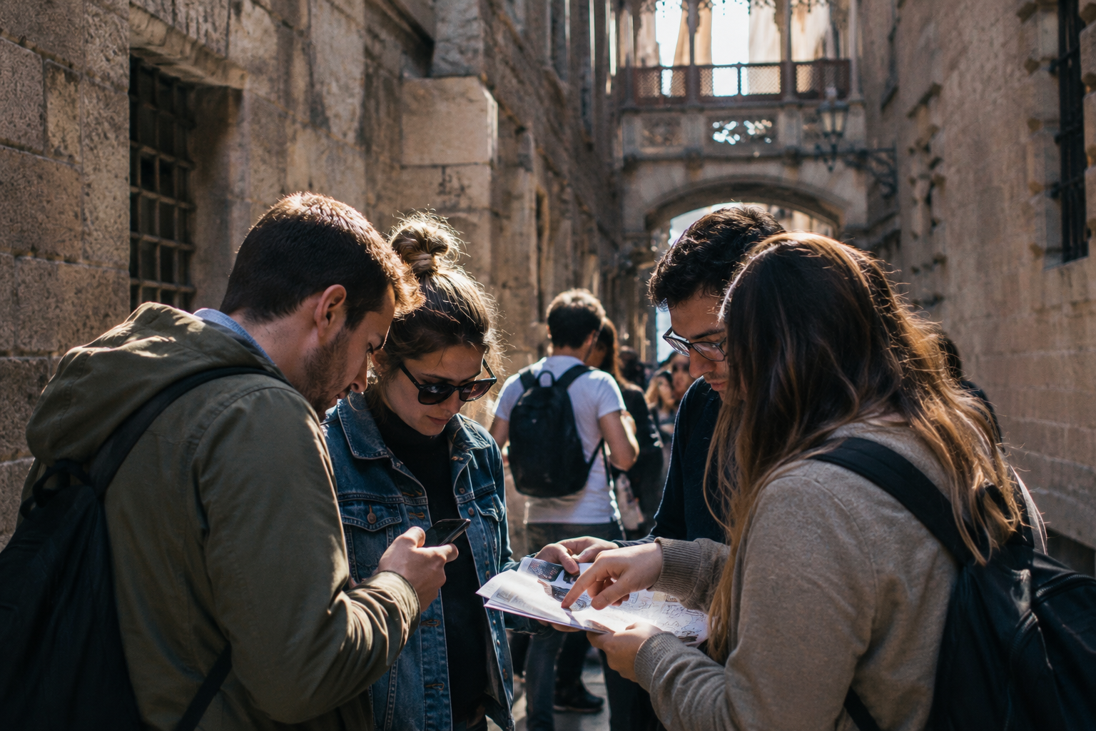 Grup consultant les pistes en un carrer del Barri Gòtic