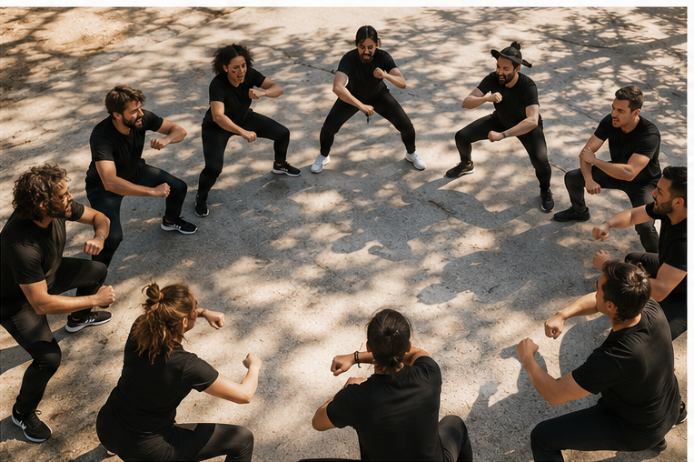 Vista zenital d’un grup coordinant una haka en cercle a l’exterior