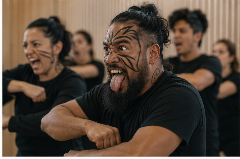 Participant expressant la força de la haka amb el grup desenfocat al darrere