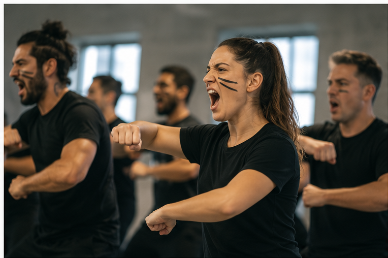 Dona en primer pla executant un moviment de haka amb el grup