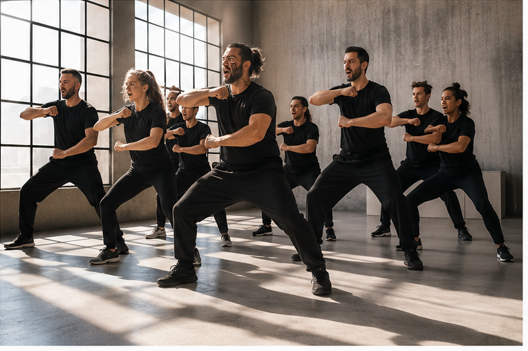 Grup complet executant una haka en una sala industrial amb grans finestrals