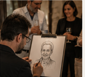 Artista dibuixant una caricatura com a detall de jubilació.