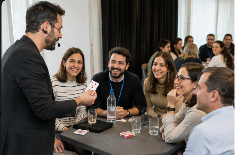 Mag mostrant una carta a un grup assegut al voltant d’una taula