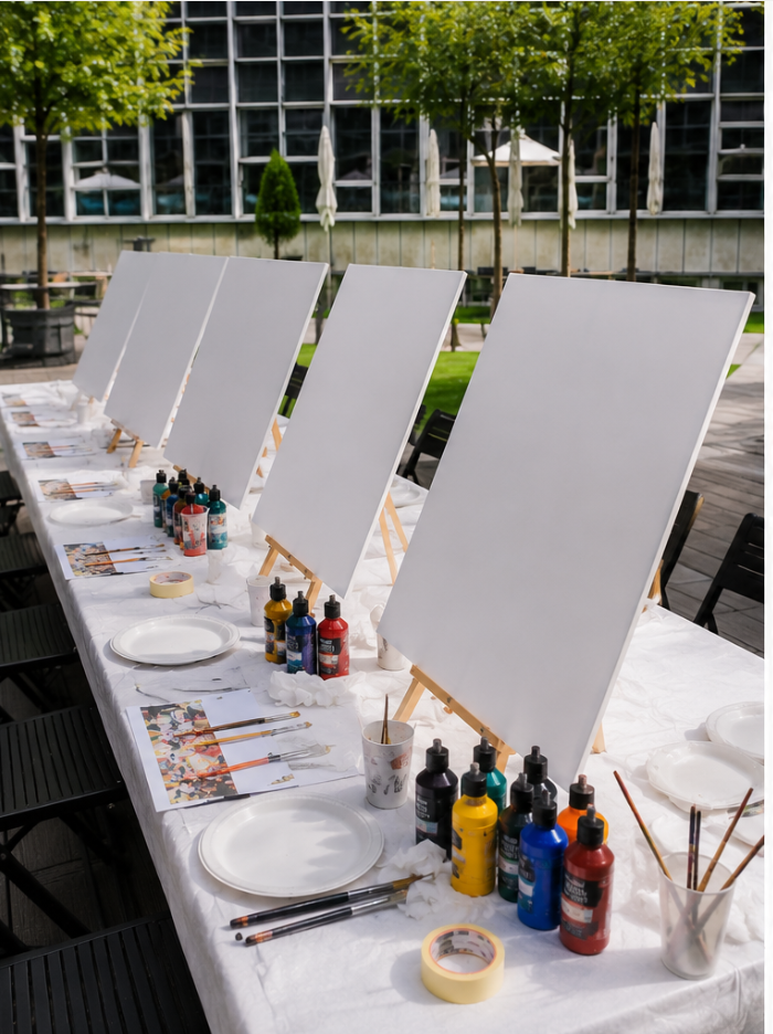 Llenços en blanc i materials preparats per a l’activitat de murals