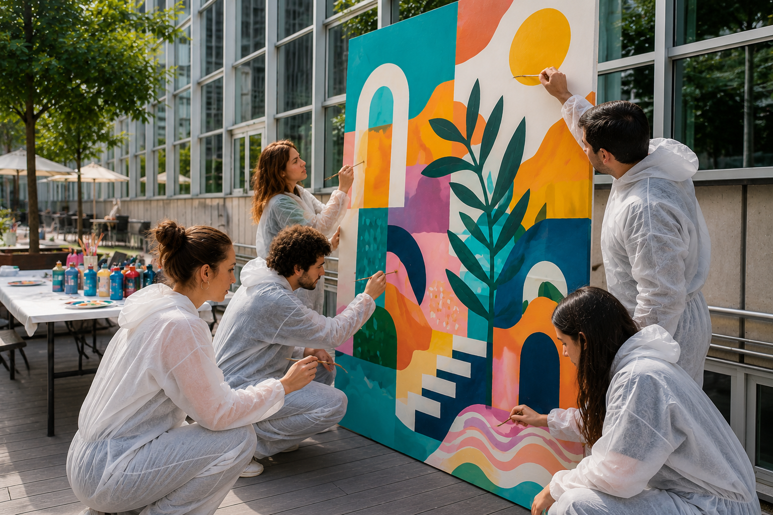 Equip pintant un mural compartit a l’exterior