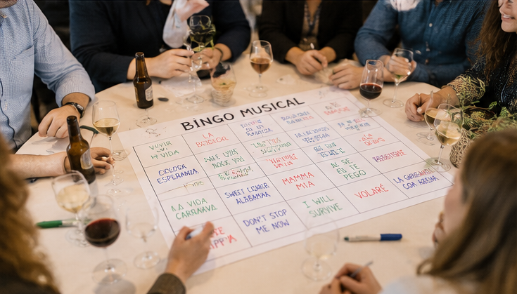 Participants jugant al Bingo musical al voltant d’una cartolina gran