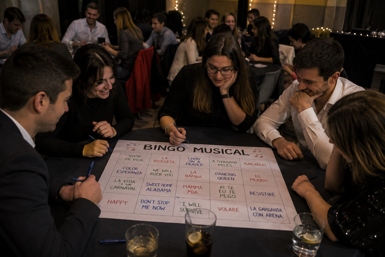 Grup participant en un bingo musical al voltant d’una cartolina gran