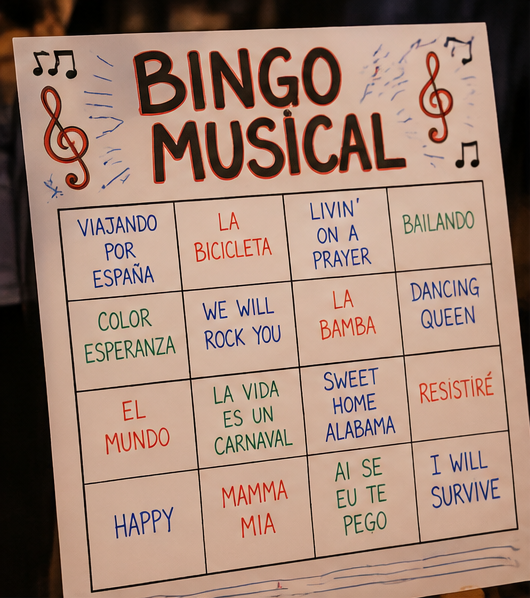 Primer pla d’una cartolina de Bingo musical amb diferents cançons
