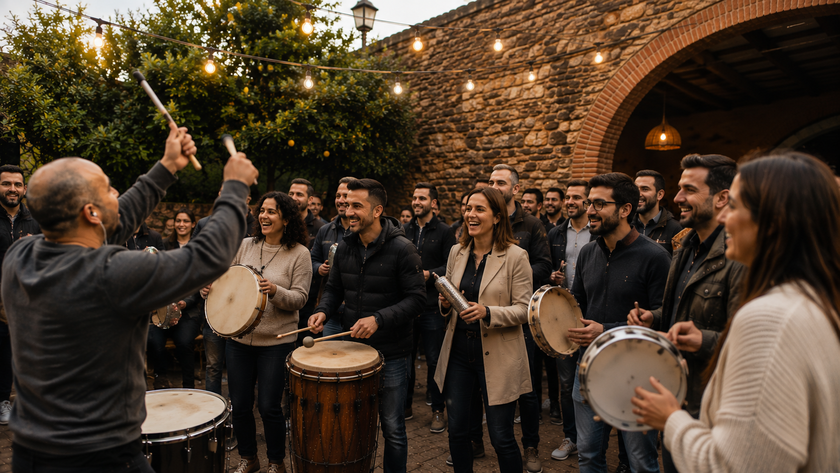 Grup nombrós participant en una activitat de percussió amb el dinamitzador en primer pla