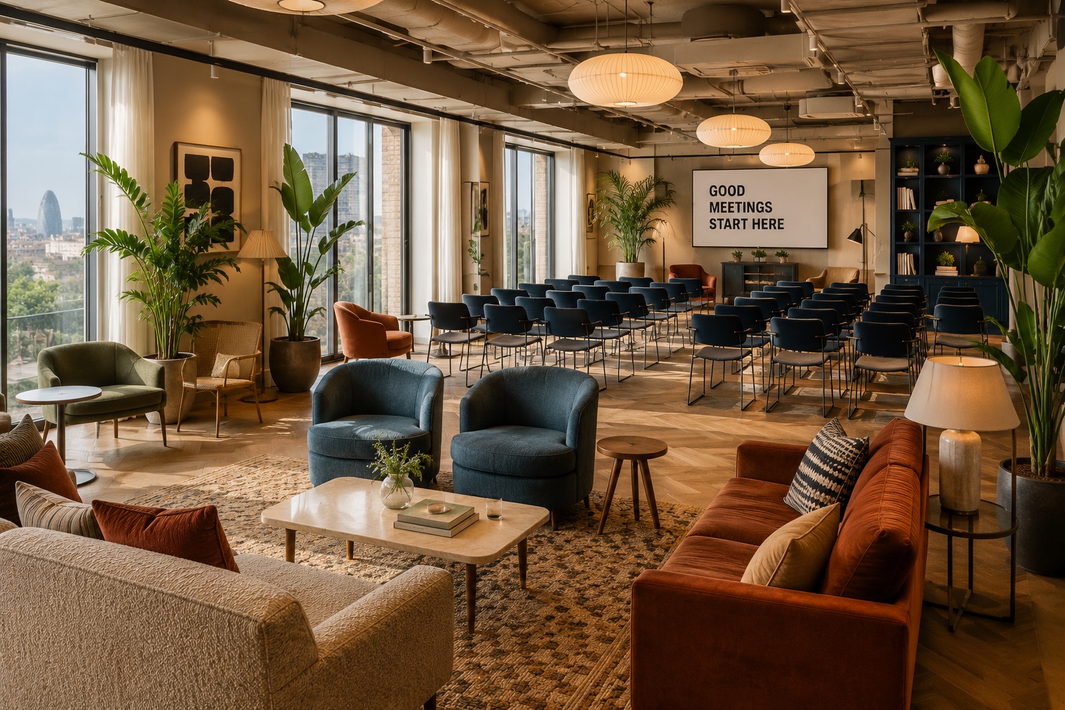 Hotel with a room prepared for a corporate meeting.