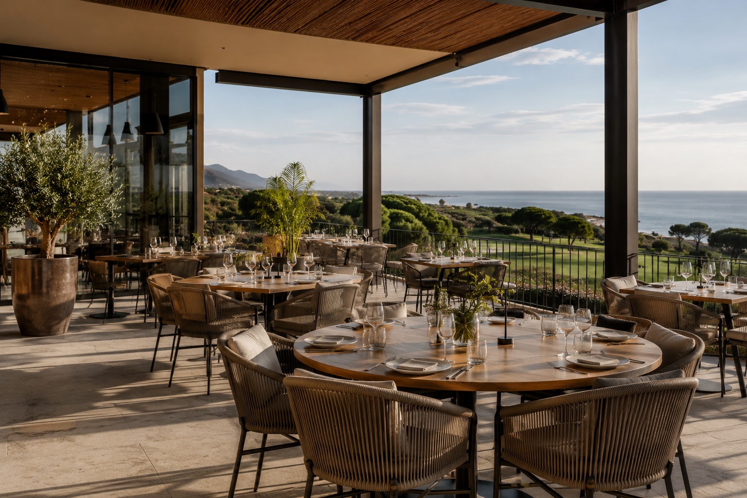 Restaurant with terrace and sea views.