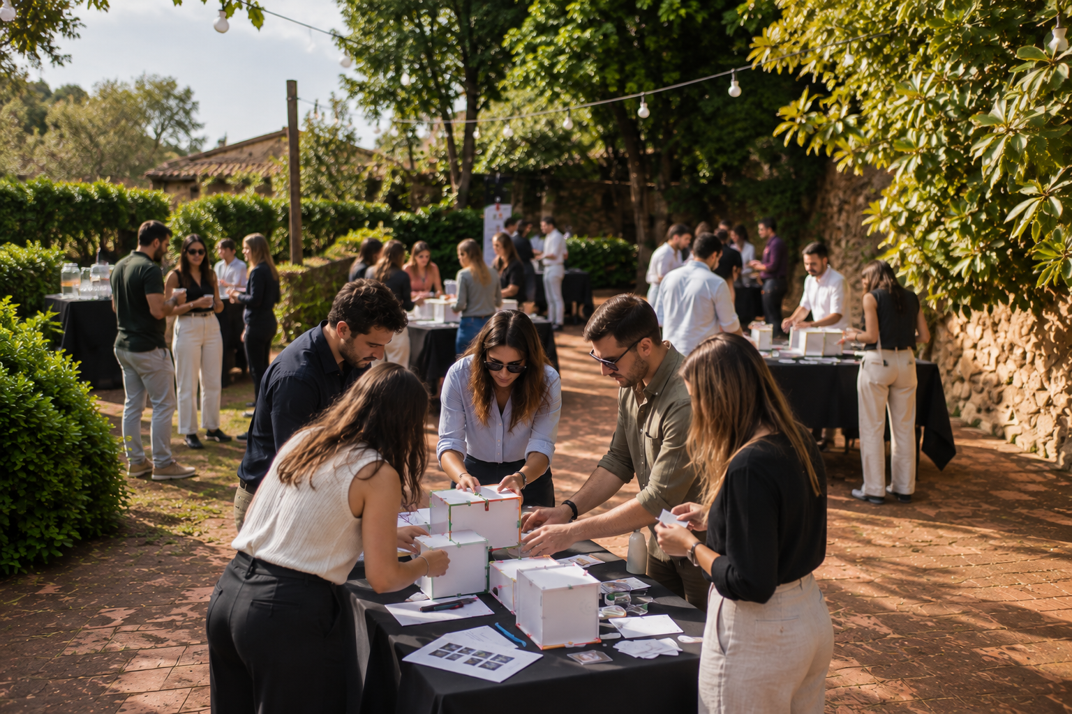 Several teams participating in a collaborative dynamic outside a farmhouse.