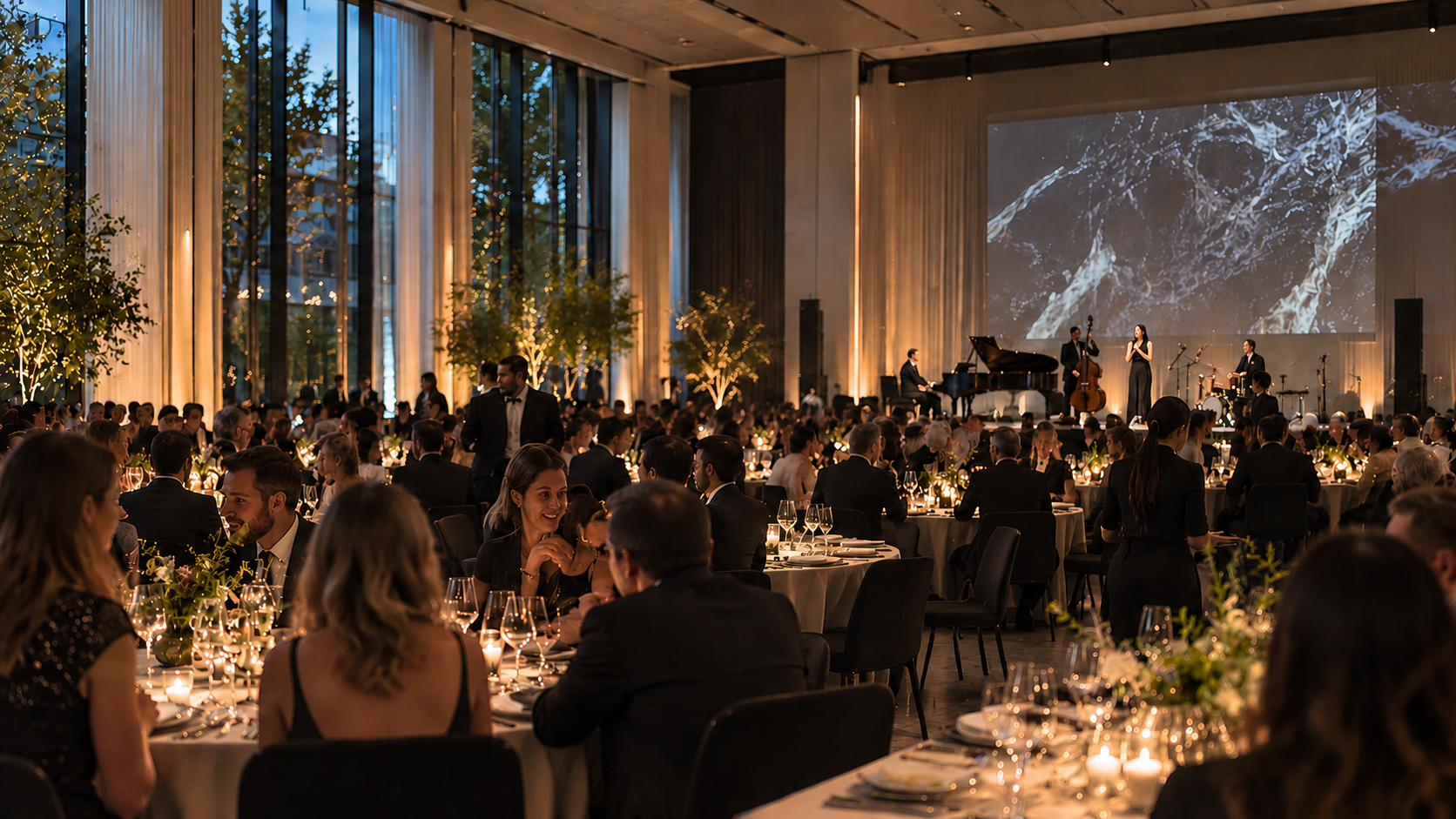 Gala dinner in a grand hall with live music