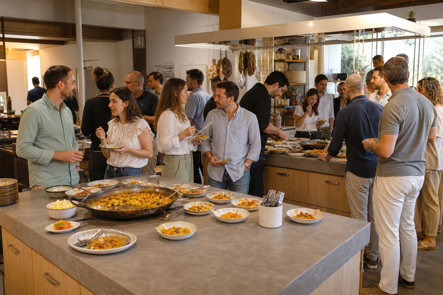 Participants compartint racions de paella després de l'activitat
