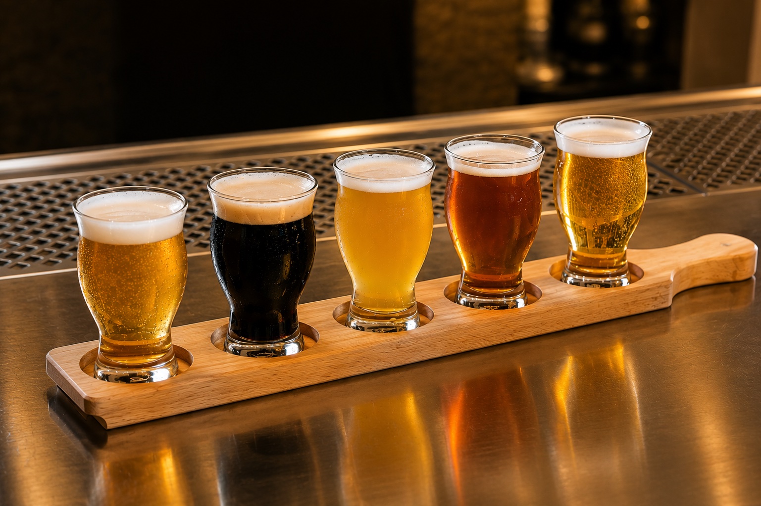 Flight amb cinc estils diferents de cervesa