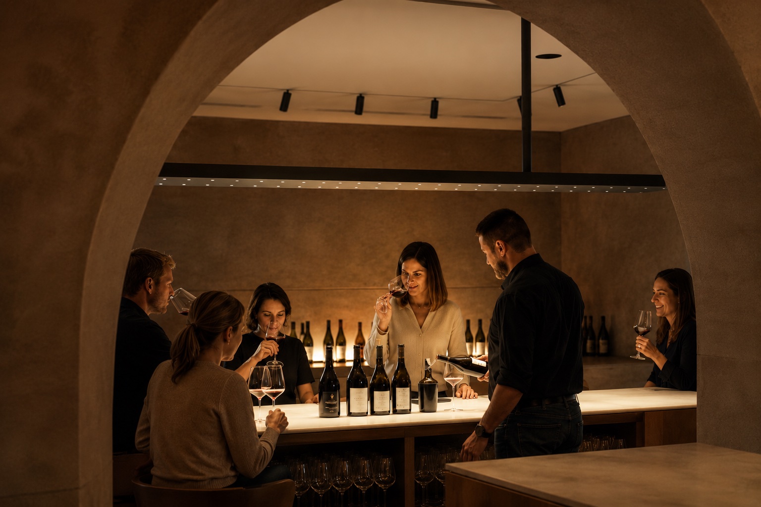 Grup participant en una cata de vins al voltant d’una barra