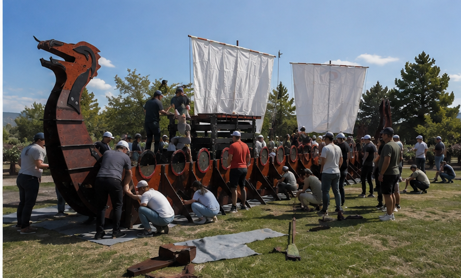 Participants construint el vaixell víking amb la proa i les dues veles visibles
