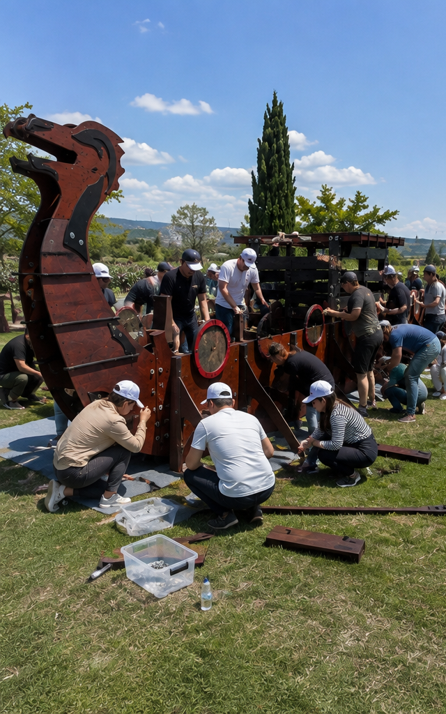 Participants muntant de prop l’estructura del vaixell víking